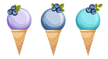 blueberry ice cream in a waffle cone set. Colorful ice cream ball with berry in pastel colors. Delicious frozen dessert. Refreshing frozen dessert. cartoon vector illustration