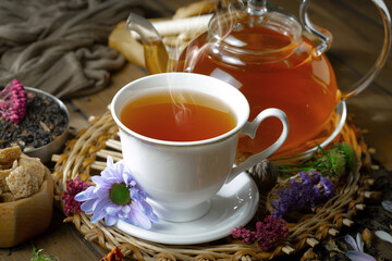 Sweet, hot tea with dessert, on an old background.