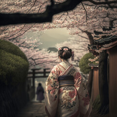 Obraz na płótnie Canvas 桜並木と和服を着た日本人女性｜Japanese women in kimono with rows of cherry trees Generative AI