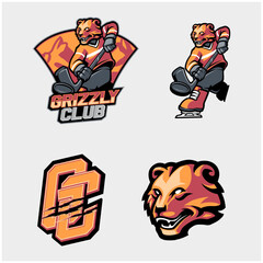 Ice Hockey Grizzly Bear Logo Set with Mascot, Badges, and Monogram
