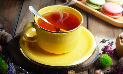 Sweet, hot tea with dry tea leaves, on an old background.