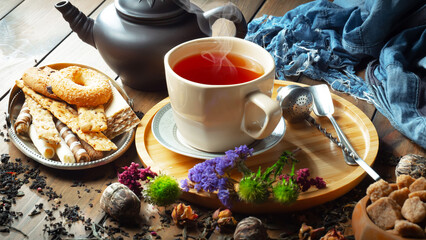 Sweet, hot tea with dry tea leaves, on an old background.