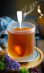 Sweet, hot tea with dry tea leaves, on an old background.