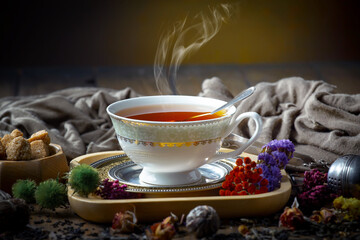 Sweet, hot tea with dessert, on an old background.