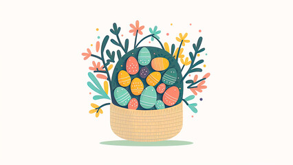 Colorful Paper Cut Easter Egg With Floral Basket And Copy Space. Happy Easter Day Concept.