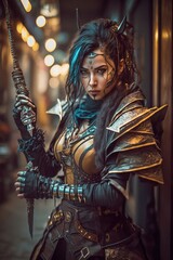 Fototapeta na wymiar sci fi hero woman wearing armor, Generative AI