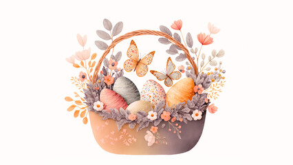 Illustration of Floral Easter Egg Basket With Butterfly Characters And Copy Space. Happy Easter Day Concept.