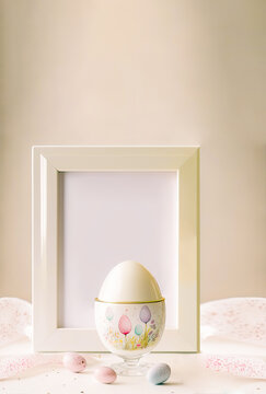 3D Render Of Blank Frame With Easter Egg Shapes Against Background And Copy Space. Happy Easter Day Concept.