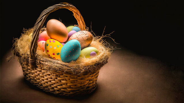 3D Render of Glowing Colorful Easter Eggs Basket On Brown Wooden Texture Background And Copy Space. Happy Easter Day Concept.