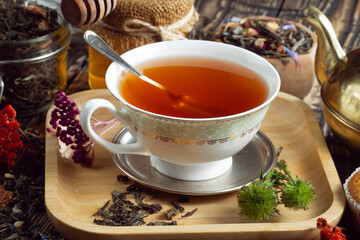 Sweet, hot tea with dessert, on an old background.