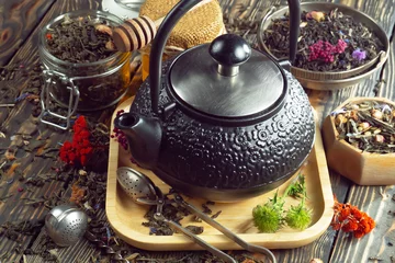 Foto op Aluminium Sweet, hot tea with dessert, on an old background. © Karnav