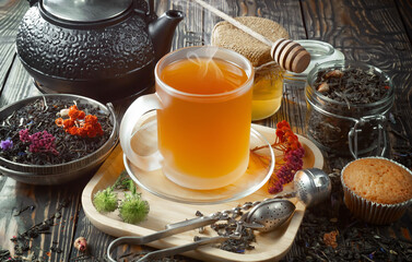 Sweet, hot tea with dessert, on an old background.