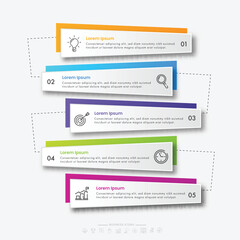 Modern Infographics Template With 5 Paper Label Options And Thin Line Business Icons.