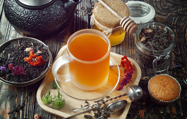 Sweet, hot tea with dessert, on an old background.