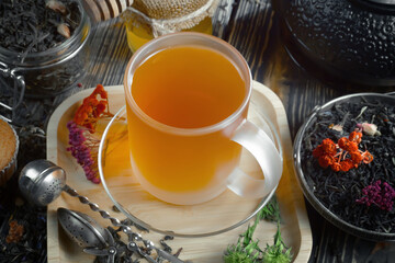Hot sweet tea in a cup on old background