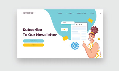 Subscribe To Our Newsletter Hero Banner With Young Woman Character. - obrazy, fototapety, plakaty