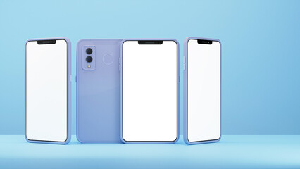 3D Render of Blank Multi Screen Smartphone Mockup With Double-Side Against Blue Background.