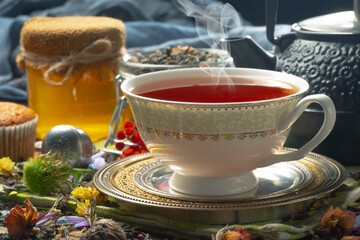 Hot sweet tea in a cup on old background