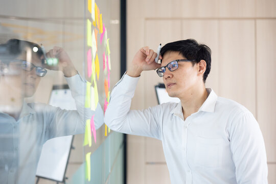 Asian office worker thoughtful about new project presentation, putting plan and idea at sticky marker on whitebord.