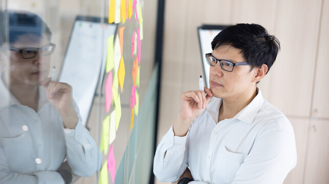 Asian office worker thoughtful about new project presentation, putting plan and idea at sticky marker on whitebord.
