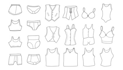 Vector illustration of hand drawn collection with underwear and vest.
