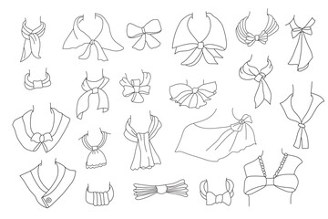Hand drawn line drawings of neckerchief, bow tie and 
scarf.