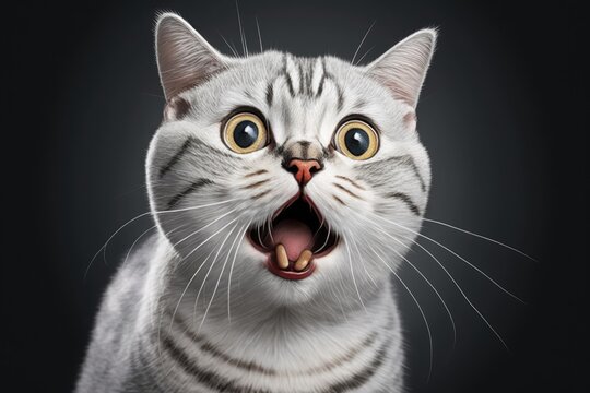 Image of a cartoonish white British shorthair tabby cat sticking out its tongue and blinking its eyes. Generative AI