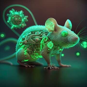Spooky transgenic mouse, chimera, with green fluorescence under UV lamp illumination. Imaginary laboratory creature, AI generative