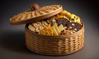  a wooden basket filled with lots of different types of food.  generative ai