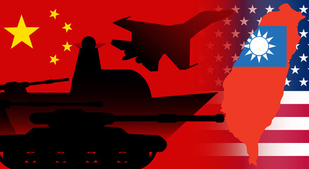 chinese China flag and Taiwan the Republic of China island flag, American USA Flag,  - military equipment tank, fighter, warship. concept of a possible military conflict, war in Asia