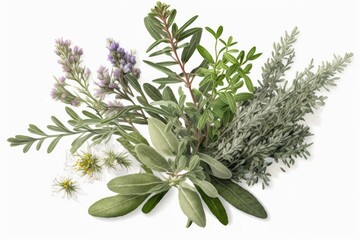 Rosemary and oregano in a bouquet, with a white background. Generative AI