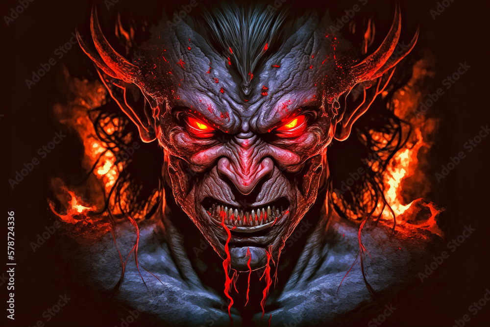 Wall mural Demon Monster from Hell, glowing red eyes - Ai Generated