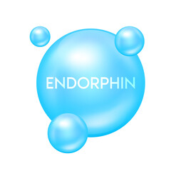 Endorphin model blue and structural chemical formula. Symbol 3D icon. Hormone serotonin in brain. Medical scientific concepts. 3D File PNG.
