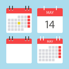 Four different calendar icons. May calendar. Calendar to tear off every day. Vector illustration in flat style. Isolated on a light blue background.