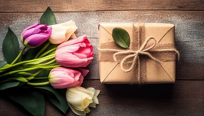 Tulip and gift box on a wooden floor. Floral decoration for background and banner for 8th march women's day