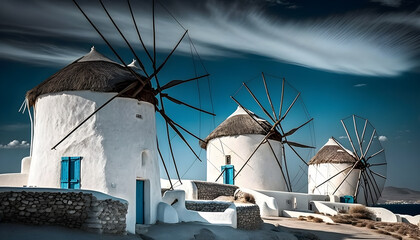 The windmills of Mykonos island - Generated by Generative AI - obrazy, fototapety, plakaty