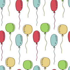 Seamless template with birthday balloons. Multicolored balloons in doodle style. Vector image.