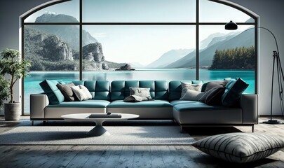 Fototapeta premium a living room with a large window and a couch in front of it. generative ai