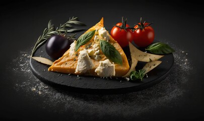  a black plate topped with cheese, tomatoes and other vegetables.  generative ai