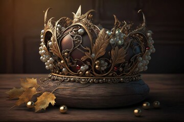 On a wooden table sits a beautiful golden crown studded with gems. Imaginary Item. Generative AI