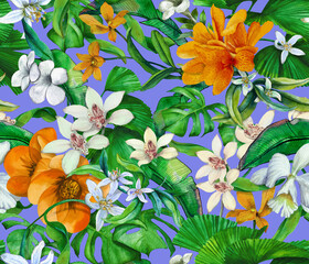 Tropical seamless pattern with tropical flowers and leaves. Seamless botanical wallpaper with palm leaves and orchids. - 578726531