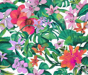 Tropical seamless pattern with tropical flowers and leaves. Seamless botanical wallpaper with palm leaves and orchids.