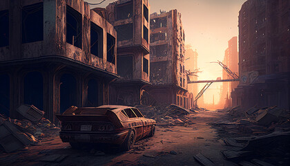 a destroyed city after a war or apocalypse, ai generated