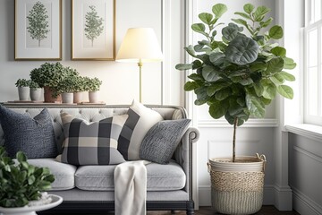 Gray velvet sofa, pillows, green plaid, lamp, and fiddle leaf tree in wicker basket in white walled living room. Generative AI