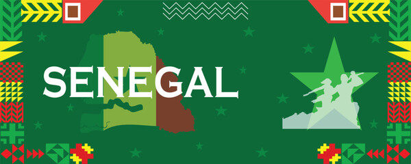 National or Independence day design for Senegal. It includes Senegal map masked with Senegal flag and The African Renaissance Monument silhouette  with abstract geometry border. 