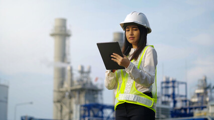 Industrial engineer using digital tablet for work against the electrical plant.