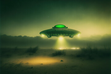 Fototapeta na wymiar Slassic UFO hovering over desert landscape at night with beam of light, made with generative ai