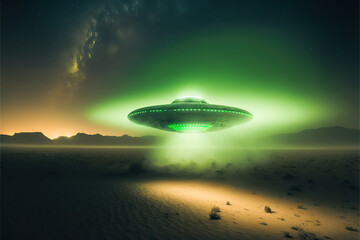 Naklejka na ściany i meble Unidentified flying object UFO hovering above desert. Futuristic spaceship at night. Generative ai.