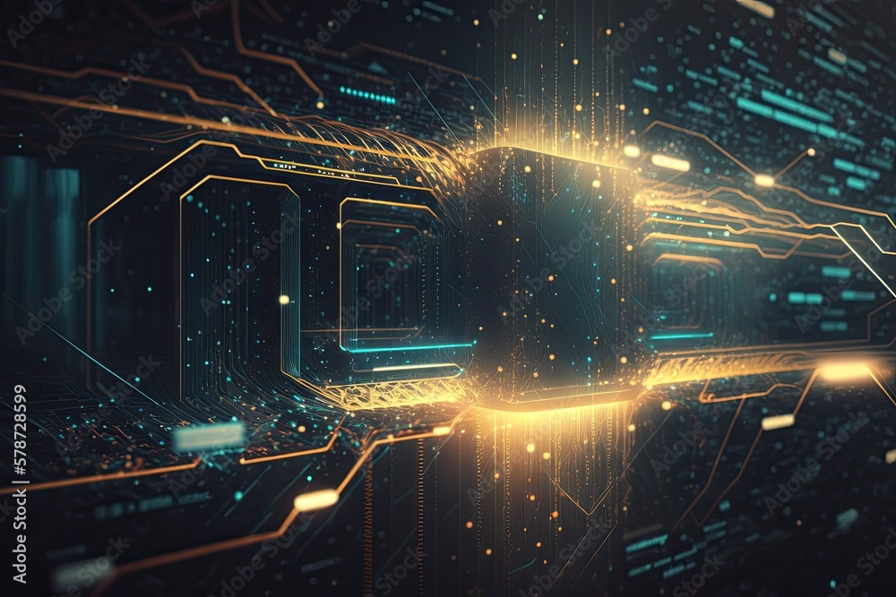 Poster a brilliant data beam expands abstractly over digital circuitry, providing a technical backdrop. usi