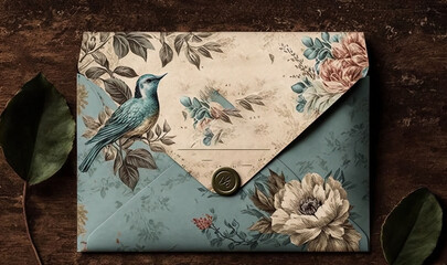  a blue envelope with a bird on it and a flower.  generative ai
